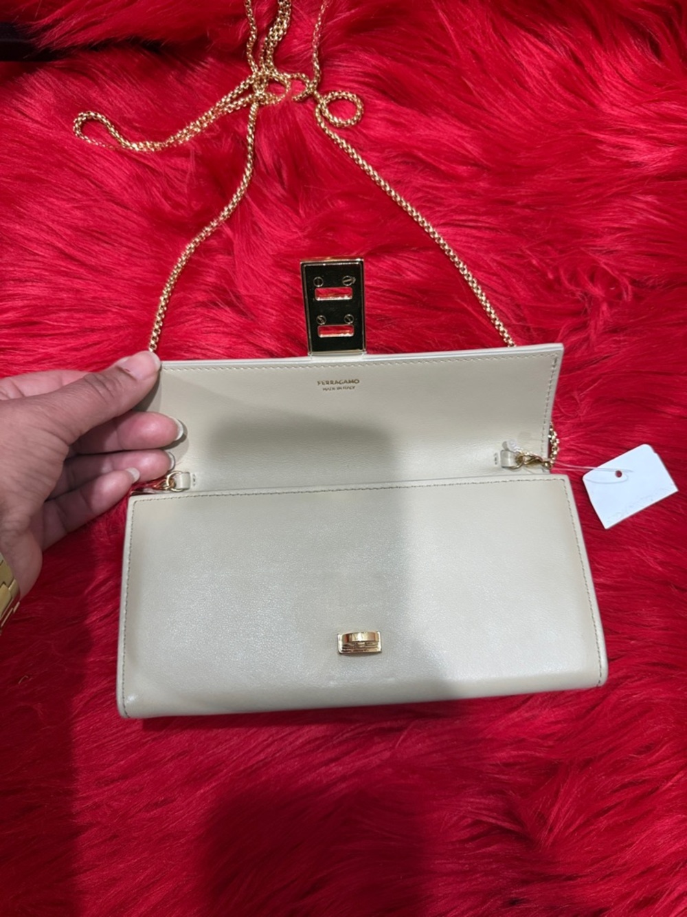 Salvatore Ferragamo Cream Leather Chain Wristlet with Gold Hardware